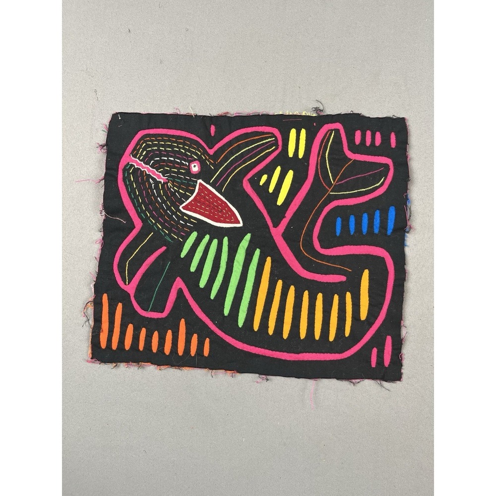VTG Kuna Mola Hand Sewn Art Textile Fabric Folk Fabric Whale Fish Quilt Block - Picture 8 of 8